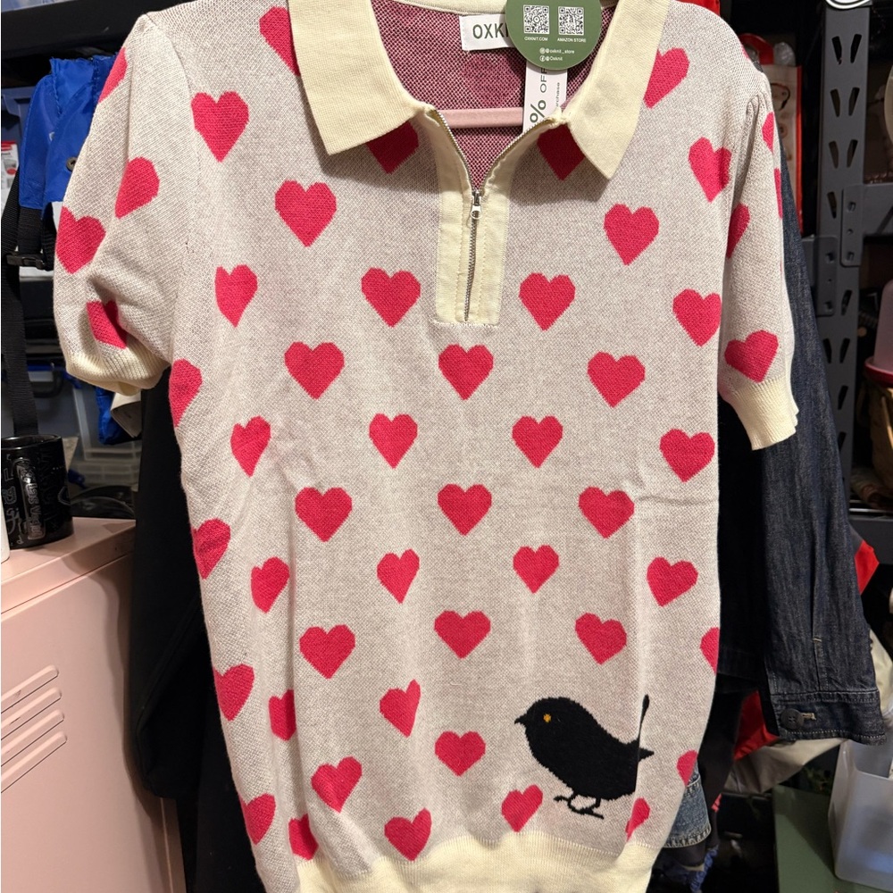 Heart Patterned Sweater with Bird Design